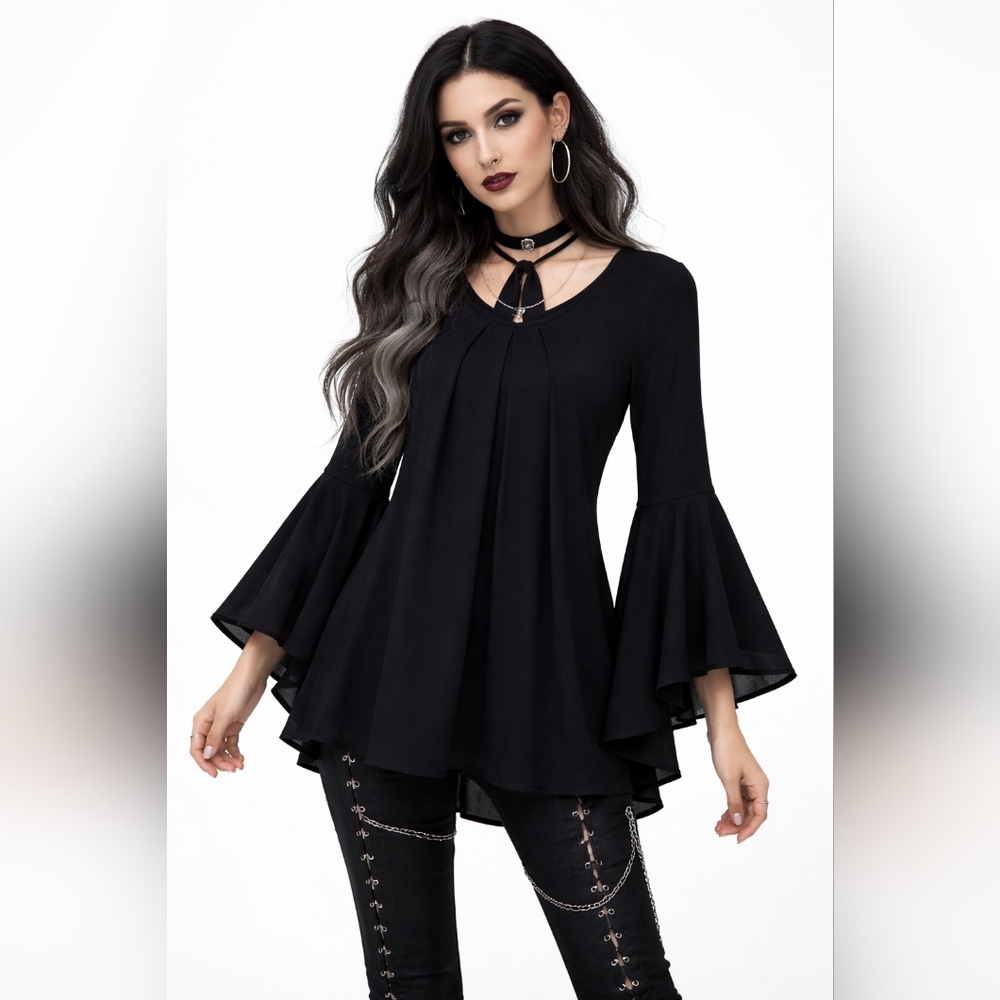 JCZHWQU Black Chiffon Bell Sleeve Pleated Tunic Blouse XL